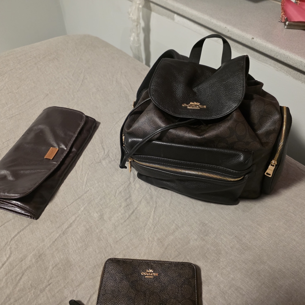 Coach Black and Dark Brown Signature Leather Backpack
